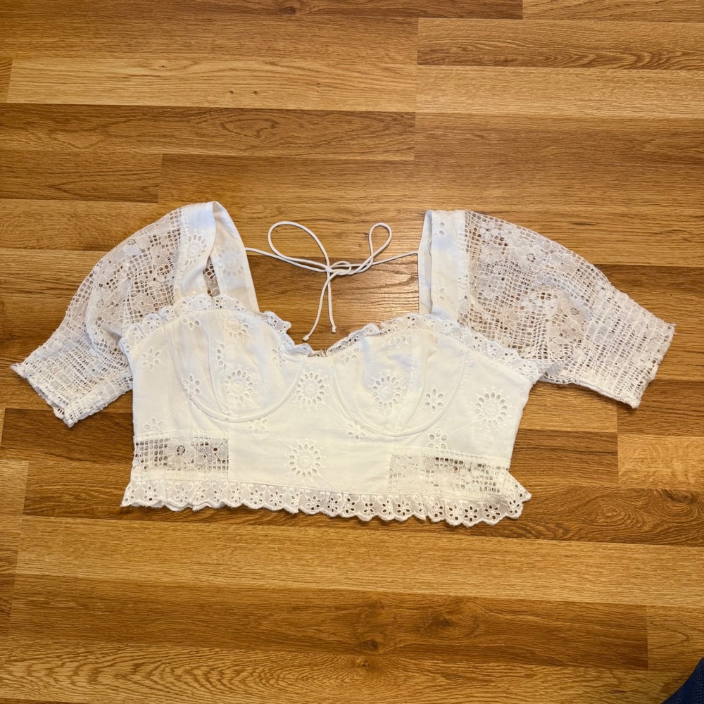 Altar'd State Lace Eyelet Bustier‎ Puff Sleeve Crop Top XL New White Summer Boho